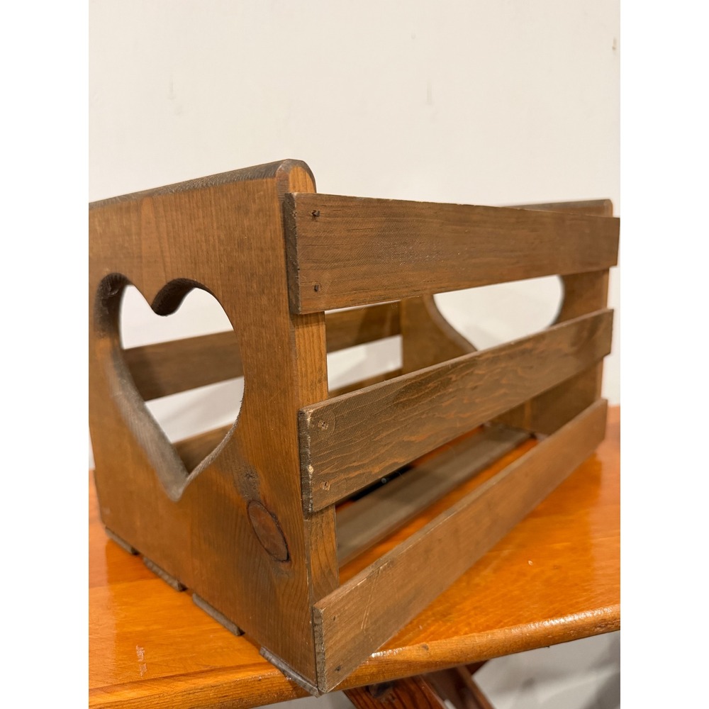 Rustic Wooden Crate with Heart Cutouts Brown Slatted Farmhouse Storage Box